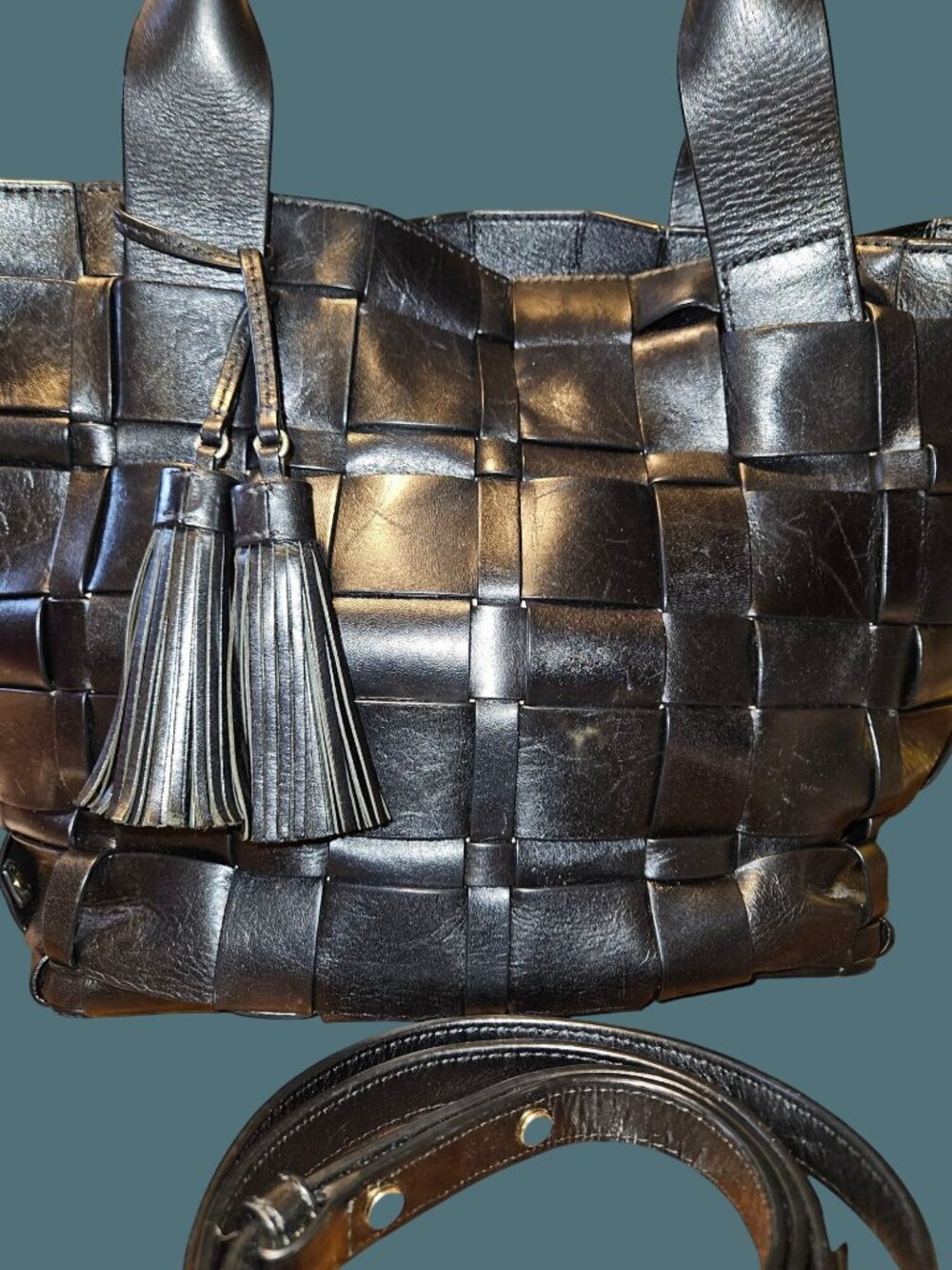 Michael Kors Black Woven Leather Vivian Tote Crossbody Bag - Picture 5 of 16